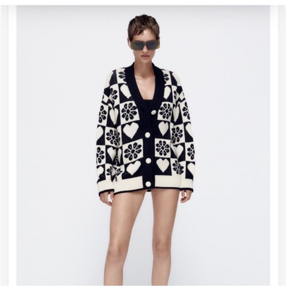 Zara black and white heart cardigan